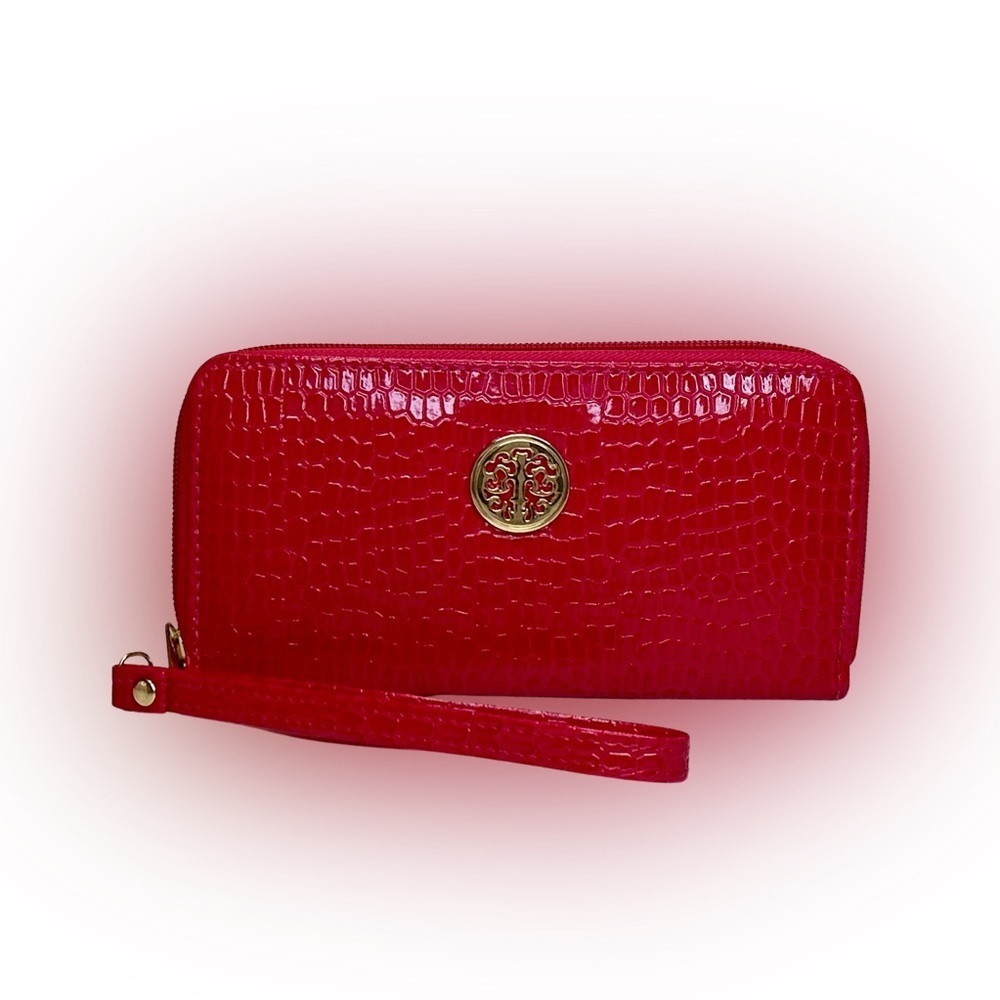 DESIGNER Luxury Pink Croc-Embossed Wristlet Wallet with Gold Emblem - Picture 2 of 5